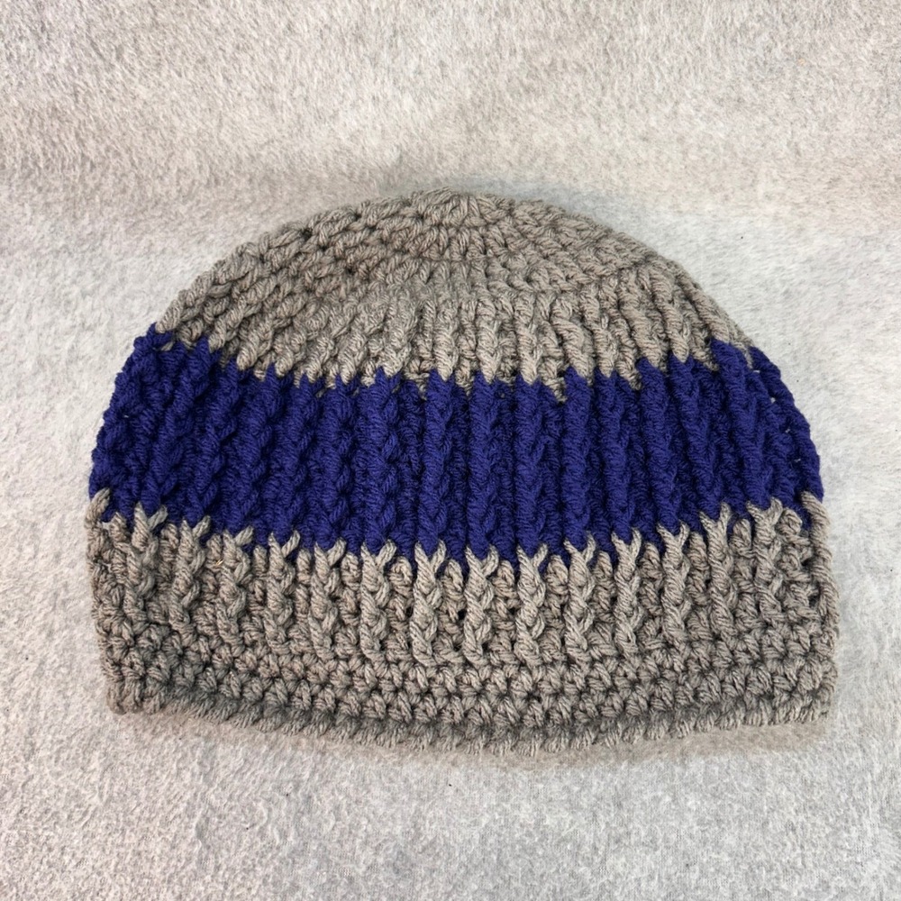 Crochet Striped Mens Grey Blue Handmade Beanie Winter Knit Hat OSFM